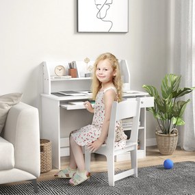 ZONEKIZ Birou Copii de 5-8 ani, si cu un raft cu multe compartimente, masa si scaun pentru copii din lemn, alb | Aosom Romania