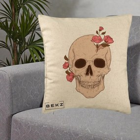 Perna Decorativa Craniu Floral Gothic, 40x40 cm, Bej, Husa Detasabila, Perna Inclusa, BEKZ®