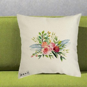 Perna Decorativa Buchet Flori Acuarela Roz-Verde, 40x40 cm, Ecru, Husa Detasabila, Perna Inclusa, BEKZ®