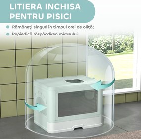 PawHut Litieră de nisip pentru pisici cu Capac, Intrare Dublă, Sertar, Lopățică, Verde | Aosom Romania