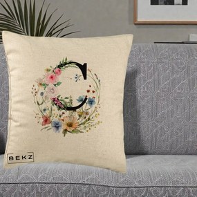 Cadou Personalizat - Perna Personalizata Monogram Litera C cu Flori Acuarela, 40x40 cm, Bej, Husa Detasabila, Perna Inclusa, BEKZ®