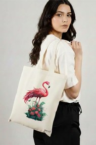 Sacosa de Panza pentru Cumparaturi, Geanta Tote, model Flamingo 38 x 34.5 cm, Alba, BEKZ®