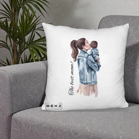 Cadou pentru Mama - Perna Personalizata The Best Mom Jachete, 40x40 cm, Alb Pufos, Husa Detasabila, Perna Inclusa, BEKZ®