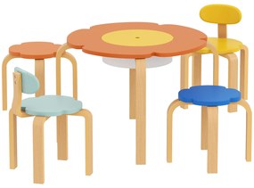 AIYAPLAY Set de 5 piese masă și scaune pentru copii, cu buzunar de depozitare, formă de floare, pentru camera de joacă, camera copiilor, lemn, multicolor | Aosom Romania