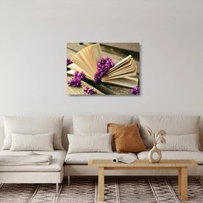 Tablou pe sticlă cu carte și floare violetă (70x50 cm)