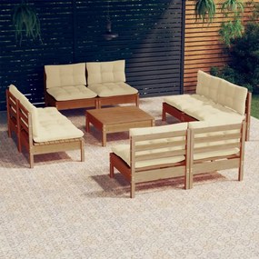3096049 vidaXL Set mobilier grădină cu perne, 9 piese, crem, lemn de pin