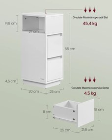 NOA77 - Set 2 Noptiere, 25 cm, foarte inguste, cu 2 sertare si spatiu deschis - Alb / Sonoma / Negru
