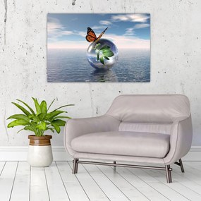Tablou cu fluture pe bilă din sticlă (90x60 cm)