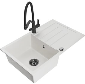 Mexen Bruno chiuvetă de granit cu un compartiment, cu picurător și baterie de bucătărie Duo, Albă - 6513-20-671701-70-B