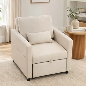 HOMCOM Fotoliu Extensibil 3 în 1 Pliabil cu Spătar Reglabil, Material cu Aspect de In, 78 x 94,5 x 83 cm, Alb Crem | Aosom Romania