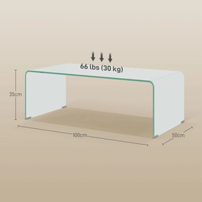 HOMCOM Măsuța de Cafea Monobloc Modernă pentru Living cu Picioare Antiderapante, Măsuță de Cafea din Sticlă Securizată, 100x50x35 cm, Transparentă