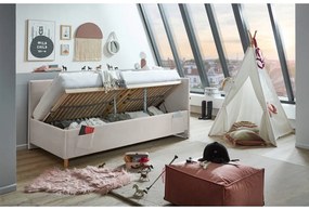 Pat pentru copii bej pe colț tapițat cu spațiu de depozitare cu somieră 90x200 cm Cool – Meise Möbel