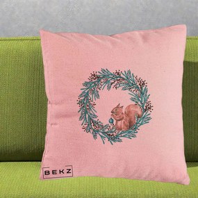 Perna Decorativa Coroana Turcoaz cu Veverita, 40x40 cm, Roz, Husa Detasabila, Perna Inclusa, BEKZ®
