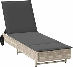 vidaXL Șezlong cu roți și pernă, gri deschis, poliratan