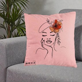 Perna Decorativa Portret Feminin Flori Palarie, 40x40 cm, Roz, Husa Detasabila, Perna Inclusa, BEKZ®