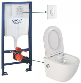 Set vas wc suspendat cu functie bideu alb si baterie inclusa crom Foglia Oslo, rezervor wc incastrat si clapeta alb lucios, Grohe