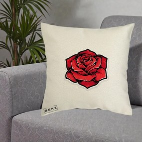 Perna Decorativa Trandafir Rosu Tattoo, 40x40 cm, Ecru, Husa Detasabila, Perna Inclusa, BEKZ®