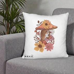 Perna Decorativa Fata Ciuperca Florala Boho, 40x40 cm, Alb Pufos, Husa Detasabila, Perna Inclusa, BEKZ®