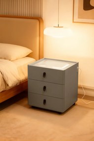 Noptieră inteligentă, încărcare Wireless și port USB+USB C, 3 sertare, 3 tipuri de iluminare LED touch, 3 tipuri de culoare, sticla securizata, Gri