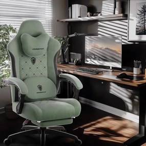 DOWINX Scaun gaming, ergonomic, Incalzire si Masaj cu Role in perna lombara, Șezut cu Arcuri Metalice și Spumă, rabatabil 90°-135°, Suport picioare, rezistent 150 kg, material textil, Verde
