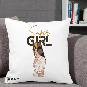 Perna Decorativa Super Girl Aesthetic, 40x40 cm, Alba Mata, Husa Detasabila, Perna Inclusa, BEKZ®