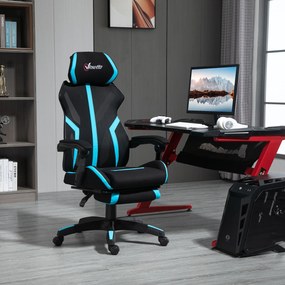 Vinsetto Scaun Gaming cu Suport pentru Picior Retractabil Scaun de Birou Rotativ Inclinabil cu Suport de Cap și Înălțime Reglabilă 65x65x119-129 cm Negru și Albastru | Aosom Romania