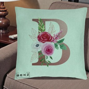Cadou Personalizat - Perna Personalizata Monograma Rose Gold Litera B, 40x40 cm, Verde Menta, Husa Detasabila, Perna Inclusa, BEKZ®