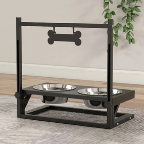 PawHut Boluri pentru Câini cu Înălțime Reglabilă și Plăcuță de Identificare, 2 Boluri din Oțel pentru Apă și Mâncare, 40.5x22x39 cm, Negru