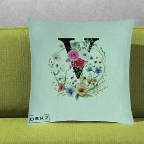 Cadou Personalizat - Perna Personalizata Monograma Florala Litera V cu Coroana, 40x40 cm, Verde Menta, Husa Detasabila, Perna Inclusa, BEKZ®