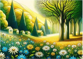 Tablou pe sticlă - Sat în galben-verde (70x50 cm)