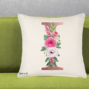 Cadou Personalizat - Perna Personalizata Monograma Rose Gold Litera I, 40x40 cm, Crem Reliefat, Husa Detasabila, Perna Inclusa, BEKZ®
