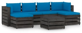 Set mobilier de gradina cu perne, 7 piese, lemn gri impregnat Albastru deschis si gri, 7