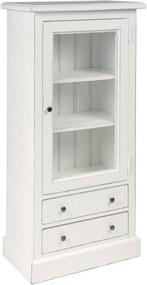 Vitrină îngustă shabby chic din lemn de pin, alb, cu 1 ușă vitrată, 2 rafturi și 2 sertare, finisaj patinat, 120 x 60 x 33 cm, „Lison”