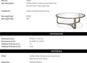 Masuta de cafea LUX din Aluminiu, Sticla, Cambronne 102cm