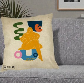 Perna Decorativa Femeie Relaxata Abstract, 40x40 cm, Crem, Husa Detasabila, Perna Inclusa, BEKZ®