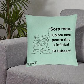 Cadou pentru Sora - Perna Personalizata Sora Mea Te Iubesc Line Art Portrete Colorate, 40x40 cm, Verde Menta, Husa Detasabila, Perna Inclusa, BEKZ®
