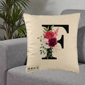 Cadou Personalizat - Perna Personalizata Monograma Florala Litera F, 40x40 cm, Bej, Husa Detasabila, Perna Inclusa, BEKZ®