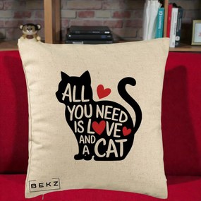 Perna Personalizata All You Need is Love and a Cat, 40x40 cm, Bej, Husa Detasabila, Perna Inclusa, BEKZ®
