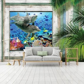 Fototapet - Delfinii și peștii sub mare (152,5x104 cm)