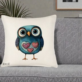 Perna Decorativa Bufnita Teal cu Doua Inimi, 40x40 cm, Crem Reliefat, Husa Detasabila, Perna Inclusa, BEKZ®