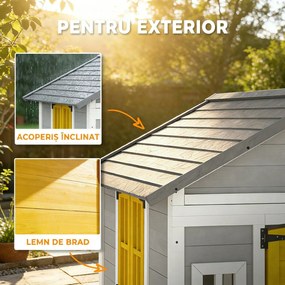 Outsunny Căsuță din Lemn pentru Copii 3-8 Ani, Căsuță de Grădină cu Ferestre, Acoperiș Înclinat, Ghivece și Jardiniere, Gri, Galben, Alb | Aosom Romania
