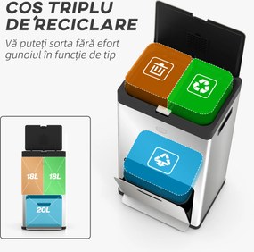 HOMCOM Coș de Gunoi cu 3 Compartimente de 56L, Pedală și Închidere Silențioasă, 45,7x35,8x76 cm, Argintiu | Aosom Romania