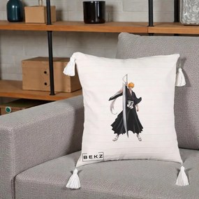 Perna Personalizata Bleach Ichigo Kurosaki Zangetsu, 40x40 cm, Bej cu Franjuri, Husa Detasabila, Perna Inclusa, BEKZ®