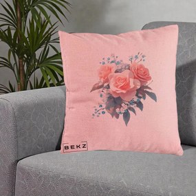 Perna Decorativa Trandafiri Roz cu Floricele Albastre, 40x40 cm, Roz, Husa Detasabila, Perna Inclusa, BEKZ®