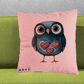 Perna Decorativa Bufnita Teal cu Doua Inimi, 40x40 cm, Roz, Husa Detasabila, Perna Inclusa, BEKZ®