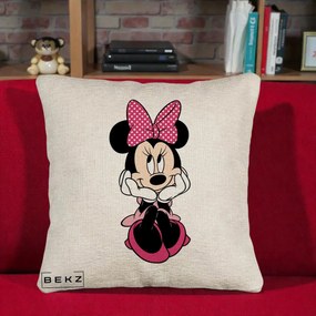 Perna Personalizata Minnie Mouse cu Fundita, 40x40 cm, Bej Canapea, Husa Detasabila, Perna Inclusa, BEKZ®