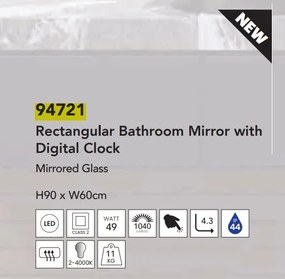 Oglinda baie cu iluminat LED, ceas digital si dezaburire Rectangle, 60x90cm