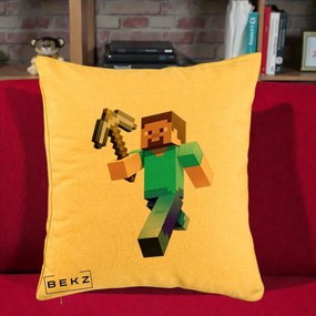 Perna Personalizata Minecraft Steve cu Tarnacop, 40x40 cm, Galben, Husa Detasabila, Perna Inclusa, BEKZ®