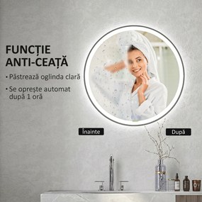 kleankin Oglindă de baie rotundă cu LED 80 cm, 3 culori, 3000-6500K, comenzi touch, memorie, antiaburire | Aosom Romania
