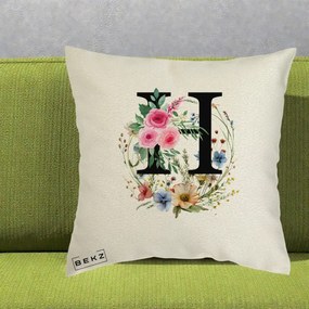 Cadou Personalizat - Perna Personalizata Monogram Litera H cu Flori Acuarela, 40x40 cm, Ecru, Husa Detasabila, Perna Inclusa, BEKZ®